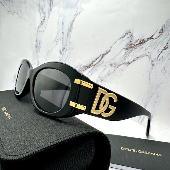 New Dolce & Gabbana Sunglasses Black Oval Acetate Gold Metal DG Gray Lens